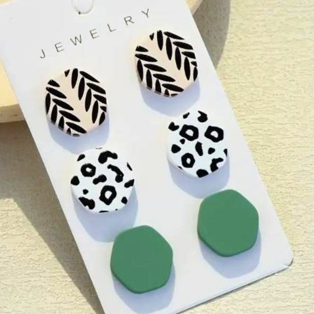NEW 3 Pairs Hexagonal Leopard Print Stripes Pattern Stud Pierced Earrings Casual